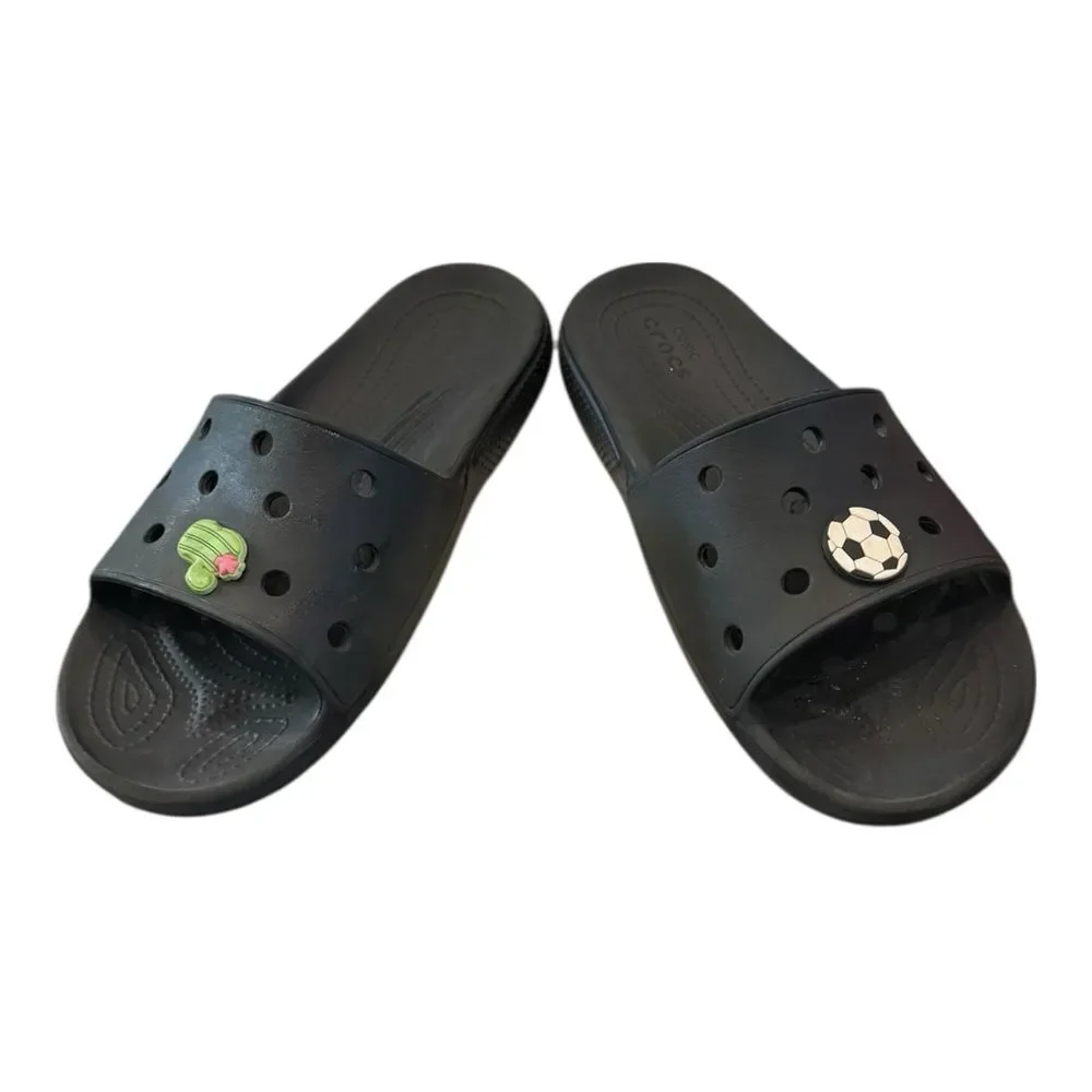 Crocs Classic Black Slide Sandals w/ Jibbitz Charms 10